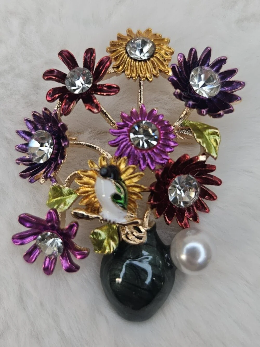 Multicolor Floral Crystal Brooch with Pearl Accent